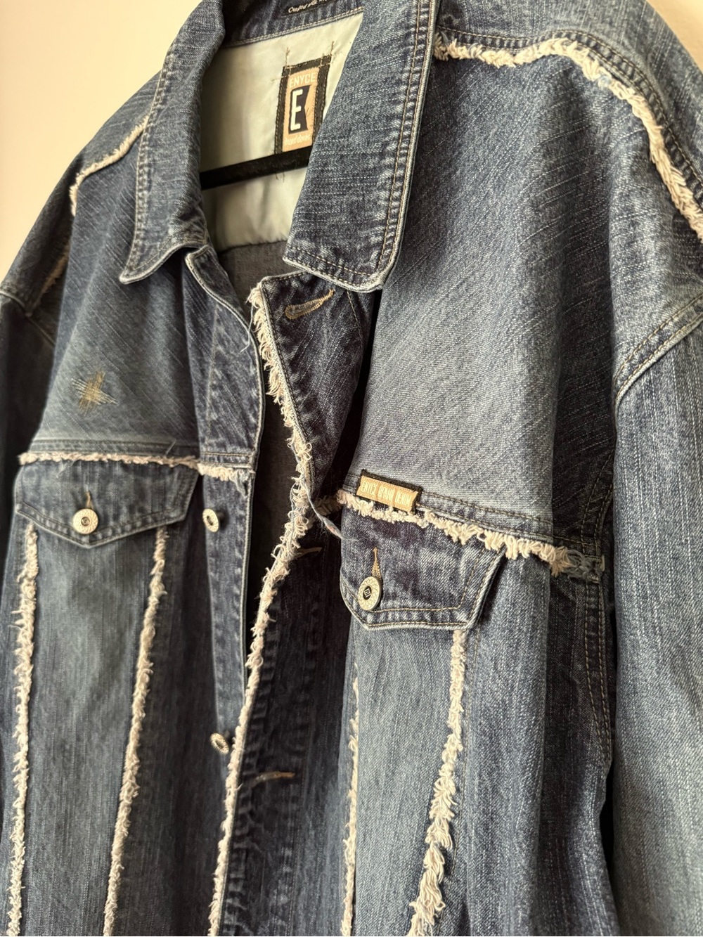 RARE Vintage Enyce Frayed Stitch Distressed Denim Trucker Jacket XXL Grail Y2K